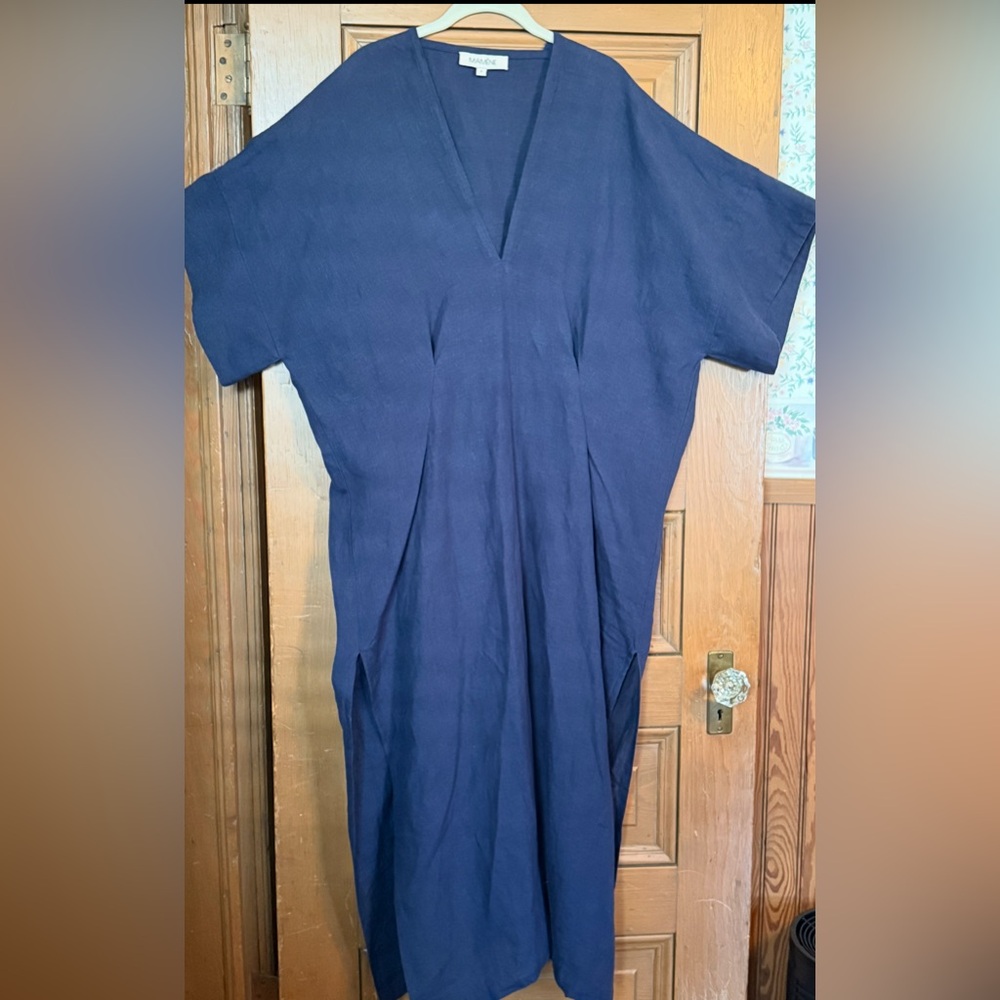 MAMENE Elegant Navy Blue linen maxi dress